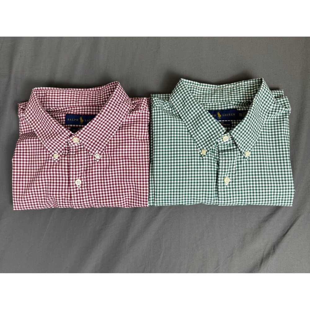 Lot of 2 Ralph Lauren Mens XXL Slim Fit Gingham Button Down Shirts Green Red